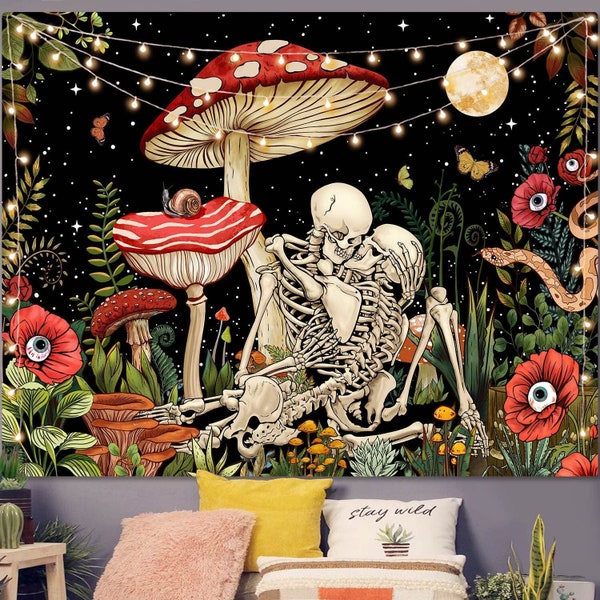 Skeleton Tapestry Wall Hanging, Psychedelic Party Aesthetics D\u00e9cor Skull Tapestry, Black and White Tablecloth, Moon Constellation