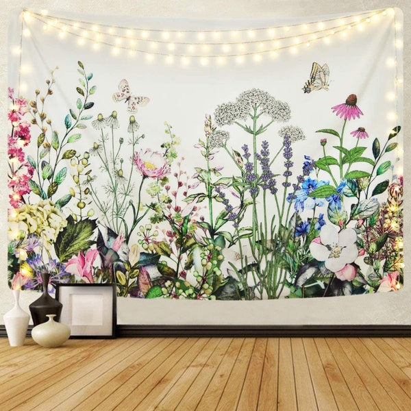 Herbs Plant Wild Flowers Tapestry Wall Hanging Floral Plants Tapestry Nature Scenery Tapestry for Living Room Bedroom Dorm Home Decor