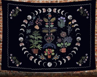 Moon Phase Botanical Tapestry Moon Garden Wall Hanging Uni Dorm Room Tapestry Celestial Floral Hippie Flower Gifts for her Bohemian Hipster