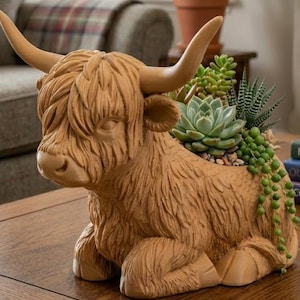 May include: A detailed, brown Highland cow planter, filled with various green succulents and small pebbles. The cow figurine has large horns and a shaggy coat, creating a rustic and charming aesthetic. A unique decorative item for plant lovers.