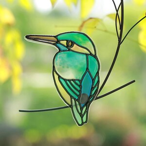 Niedliche grüne Glasmalerei Metall Vogel Wandbehang Entzückende Cling Anhänger Suncatcher Figur Ornament Kunst Wohnkultur Akzent, Büro, Veranda Bild 3