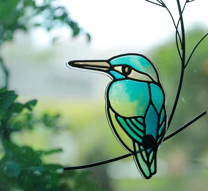 Cute Green Stained Glass Metal Bird Wall Hanging Adorable Cling Pendant Suncatcher Figurine Ornament Art Home Decor Accent, Office, Porch image 2