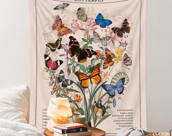 Vintage Schmetterling Motte Botanischer Wandteppich | Wandbehang | Blumen Chart Boohoo Vertikale Ästhetische Wandteppiche für Schlafzimmer Wohnzimmer Wohnheim Zimmer