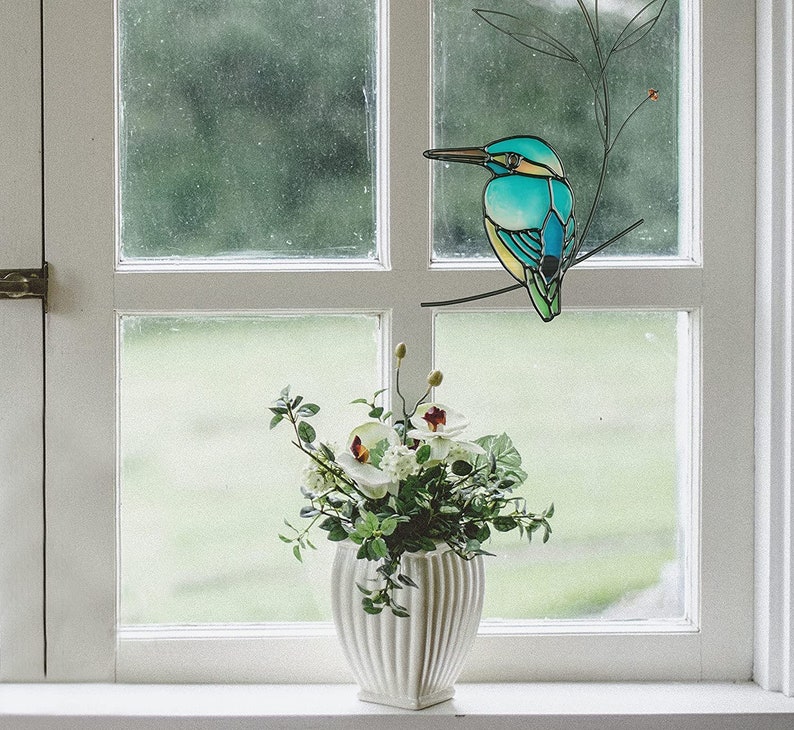 Cute Green Stained Glass Metal Bird Wall Hanging Adorable Cling Pendant Suncatcher Figurine Ornament Art Home Decor Accent, Office, Porch image 6
