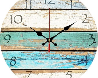 10' Wall Clock - Weathered Beachy Boards wall CLOCK - ocean colors old paint boards printed image - shabby beach wall home decor