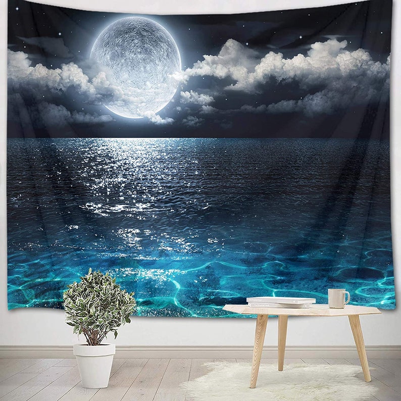 Blue Moon and Star Tapestry Celestial Clouds Tapestries Blue Tapestry Psychedelic Mountain Tapestry for Room Dorm image 2