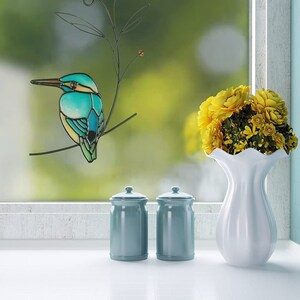 Niedliche grüne Glasmalerei Metall Vogel Wandbehang Entzückende Cling Anhänger Suncatcher Figur Ornament Kunst Wohnkultur Akzent, Büro, Veranda Bild 5