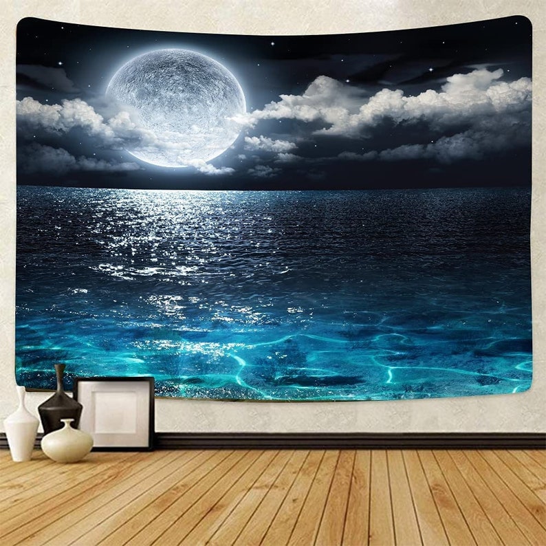 Blue Moon and Star Tapestry Celestial Clouds Tapestries Blue Tapestry Psychedelic Mountain Tapestry for Room Dorm image 1