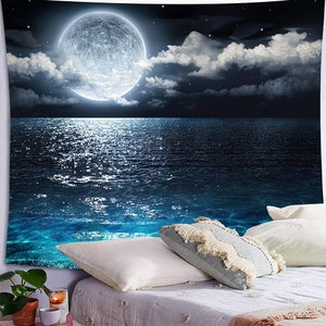 Blue Moon and Star Tapestry Celestial Clouds Tapestries Blue Tapestry Psychedelic Mountain Tapestry for Room Dorm image 3