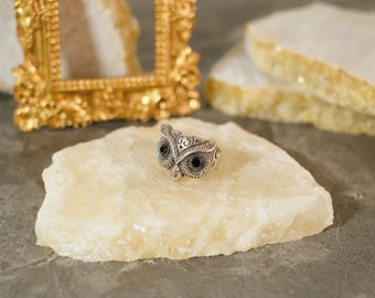 Sterling Silver Owl Ring: Black Onyx Eyes, Adjustable Band