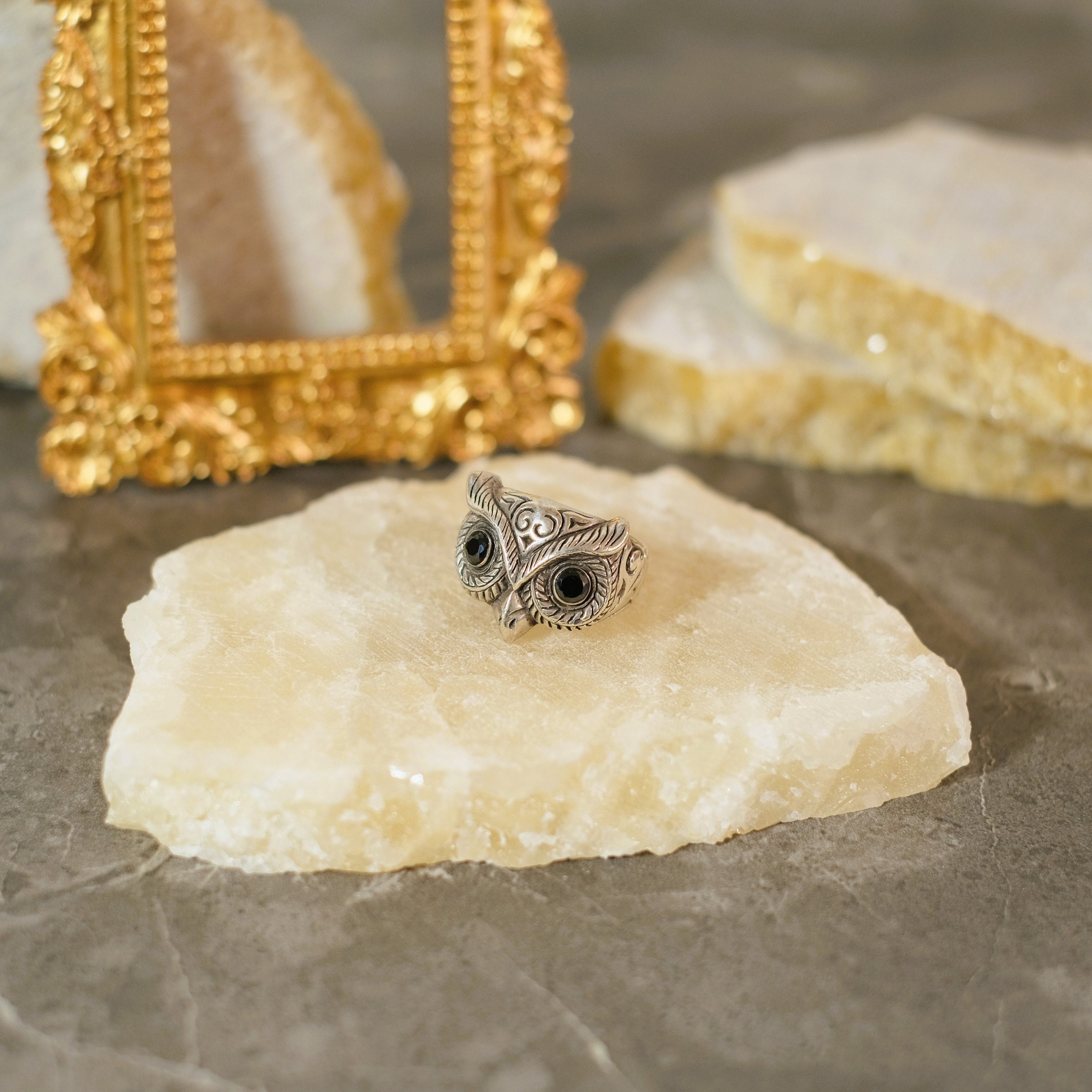 Sterling Silver Owl Ring: Black Onyx Eyes, Adjustable Band