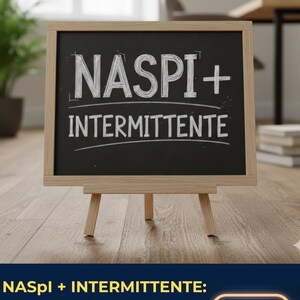 May include: A small chalkboard on a wooden easel displays the text "NASPI + INTERMITTENTE" in white. The board is set against a blurred background with a plant and a desk. Below, a blue banner with white text and a download button.