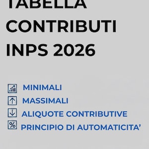 Può includere: Grafica grigia chiara con il testo "TABELLA CONTRIBUTI INPS 2026" in grassetto nero. Sotto, quattro punti elenco con termini italiani e icone. La parte inferiore della grafica contiene il testo "Responsabilità del Datore di Lavoro".
