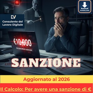 Può includere: Immagine con testo in italiano su impianti audiovisivi e strumenti di controllo. Un uomo guarda preoccupato uno schermo di un laptop che mostra "€10.000" e la parola "SANZIONE". Il testo include anche una formula di calcolo.