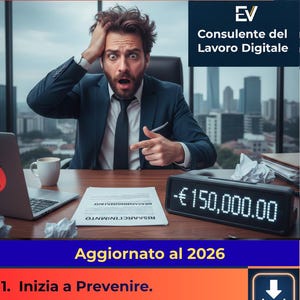 Puede incluir: Un hombre con traje parece sorprendido, con una pantalla digital que muestra "-€150.000,00". La imagen incluye texto en italiano, como "Aggiornato al 2026" y una lista de puntos numerados, y un icono de descarga.