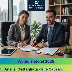 May include: Image of a legal guide titled "Contratto a Tempo Determinato (TD): Guida Legale." Two professionals in suits are seated at a desk, reviewing documents. The text "Aggiornato al 2026" and numbered points are visible.
