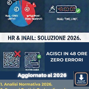 Può includere: Un grafico informativo su INAIL 2026, con testo e icone. L'immagine include un timer, grafici a torta e un labirinto, con il testo "HR & INAIL: SOLUZIONE 2026." e "AGISCI IN 48 ORE ZERO ERRORI."