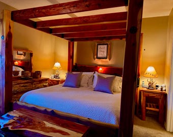 Timber frame solid cedar king size 7-piece canopy bedroom suite with 8”x8” headboard and 6”x6” four posts.
