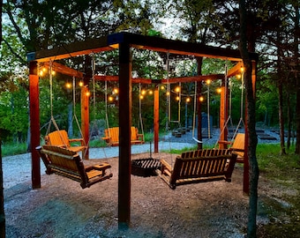 Timber frame, six sided swing pergola with six sided fire pit with swing away, Grill