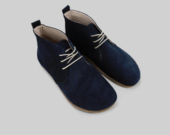 Ankle Boot Women Wide Toe Box: Navy Suede Handmade Boots, Zero Drop Outsole | Natural Rubber, Slip Resistant | Custom Shoe Bag Included