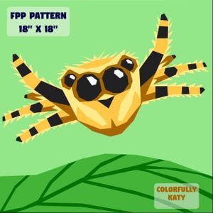 May include: A geometric illustration of a jumping spider with a yellow body, black stripes, and large black eyes. The image includes the text "FPP PATTERN 45.7cm x 45.7cm" and "COLORFULLY KATY" on a green background.