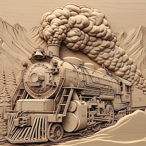 May include: A detailed wood carving of a vintage steam train, billowing smoke, set against a backdrop of mountains and pine trees. The train is rendered in shades of brown, showcasing intricate mechanical details and a classic design.