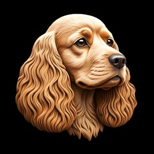 Può includere: Un primo piano di un cane Cocker Spaniel color marrone dorato con pelo lungo e ondulato. Il cane guarda a destra del fotogramma con la testa leggermente inclinata.