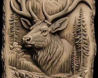 Majestic Elk in Mountain Stream – 3D CNC Bas Relief STL File