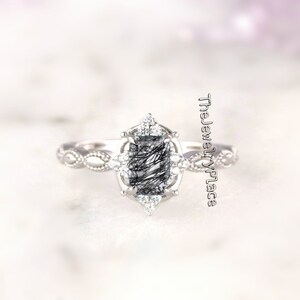 Wedding Black Rutilated Quartz Engagement Ring Gemstone Jewelry Ring Emerald Cut Ring Art Deco  Unique Bridal Wedding Ring