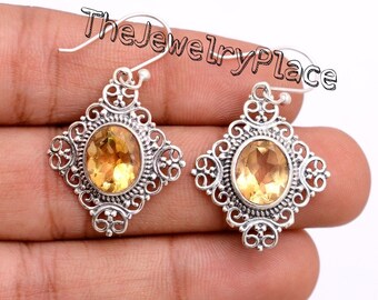 Vintage Topaz Drop Earrings in 925 Sterling Silver- Yellow Topaz Drop Earrings- Drop Earrings For Women- Yellow Gemstone Earrings