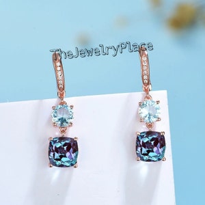 Lab Created Alexandrite Earrings, Cushion Cut, Color Changing Gemstone, Hoop Earrings, Alexandrite Earrings, June birthstone