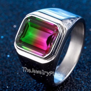 Watermelon Tourmaline Ring, Ring Tourmaline Doublet Quartz Silver Ring Emerald Cut Watermelon Tourmaline Bio Color Stone Ring