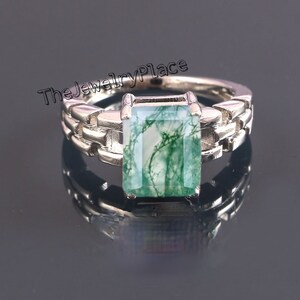 Dainty Moss Agate Ring, Antique Handmade jewelry Ring, Stylish Emerald Cut Ring Moss Agate Ring, Art Deco Ring