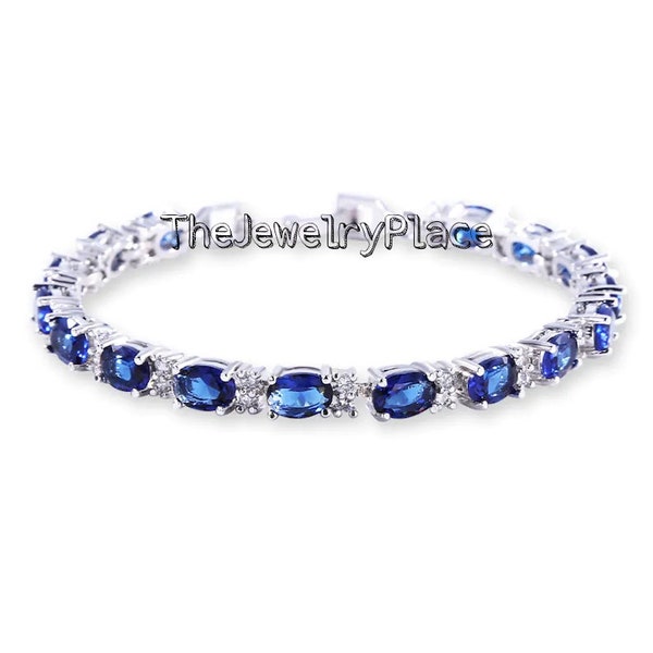 Vinatge Blue Sapphire Bracelet in 925 Sterling Silver/ Blue Sapphire Tennis Bracelet for Women