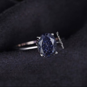 925 Sterling Silver Blue Sandstone Ring, Oval Cut Ring, Galaxy Ring, Nebula Ring, Solitaire Sandstone Ring, Promise Ring