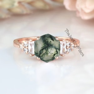 Moss Agate Ring, Nature Green Moss Agate Ring For Women, Green Moss Agate Engagement Ring, Hexogone Cut Moss Agate Jewelry, AAA moss agate