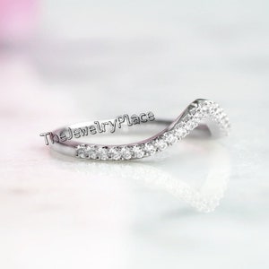 2mm Curved V Chevron Matchi Band Round Diamond CZ Art Deco Eternity Stackable 925 Sterling Silver Wedding Band Engagement Bridal Stacking