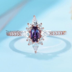 Bague ovale en alexandrite - Bague vermeil en or rose 14K - Bague de fiançailles en alexandrite verte et violette - Bague de promesse - Pierre de naissance de juin