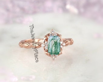 Emerald Cut Natural Moss Agate Ring 925 Silver Ring, Engagement Ring, Gemstone Jewelry Ring, Handmade Agate Ring, Gifts For Her