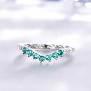 3MM Emerald Wedding Band- Sterling Silver Band- Half Eternity Wedding Band- Stacking Ring- May Birthstone Ring- Stacking Ring- Gift For Her