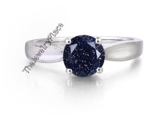 Cut Natural Blue Sandstone Ring, Round Shaped Ring, Simple Band Ring, Bridal, Vintage, Women Ring, Star Stone, Night Sky Gemstone, GIft
