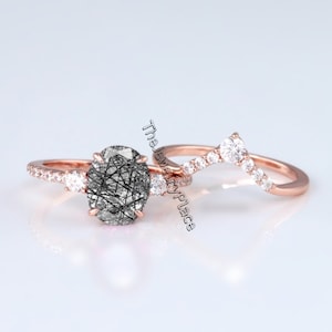 Wedding Black Rutilated Quartz Engagement Ring 14k Rose Gold Plated Oval Cut Ring Art Deco Curved Stacking Band Unique Bridal Wedding Set