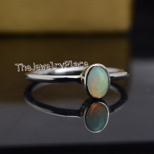 Natural Opal Ring Solid Silver, White Fire Multicolor Opal Engagement Ring, Oval Genuine Opal Gemstone Ring, October Birthstone