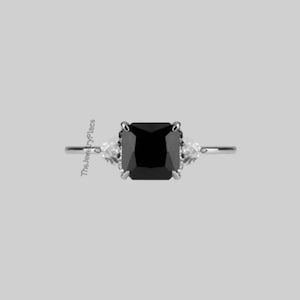Genuine Vintage Black Onyx Ring Sterling Silver Princess Cut Black Gemstone Ring for Women