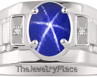 Genuine Lindy Blue Star Rings for Mens Blue Star Rings in 925 Sterling Silver Oval Star Sapphire Rings