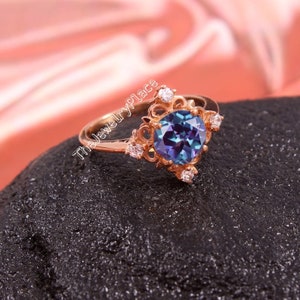 Alexandrite 24k Rose Gold Vermeil Wedding Ring Round Cut Color Changing Gemstone June Birthstone Ring