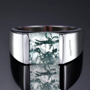 Square Cut Moss Agate Engagement Ring Art Deco Simple Men Ring Unique Moss Agate Ring Dainty Agate Ring Gift for Him
