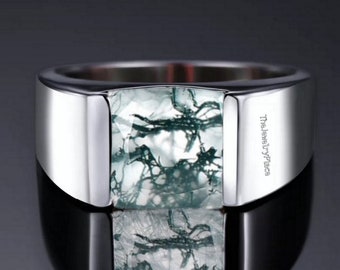Quadratischer Moosachat Verlobungsring Art Deco Einfacher Männerring Einzigartiger Moosachat Ring Zierlicher Achatring Geschenk für Ihn