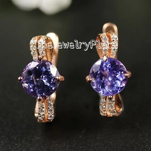 Round Alexandrite Earrings, Hoop Earrings, 14k Rose Gold Plated,Color Changing Gemstone,Dainty Alexandrite Earrings