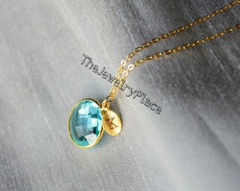 Beautiful Handmade Aquamarine Charm Necklace, Bridesmaid Necklace, March Birthstone Necklace, Custom Initial Necklace, Aquamarine Jewelry